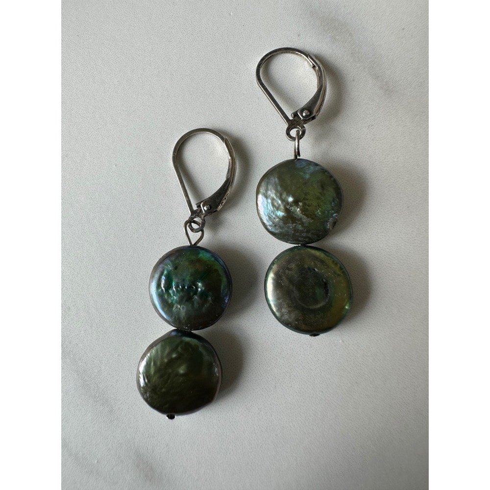 925 Sterling Silver Peacock Green Coin Pearl Drop Leverback Earrings Iridescent